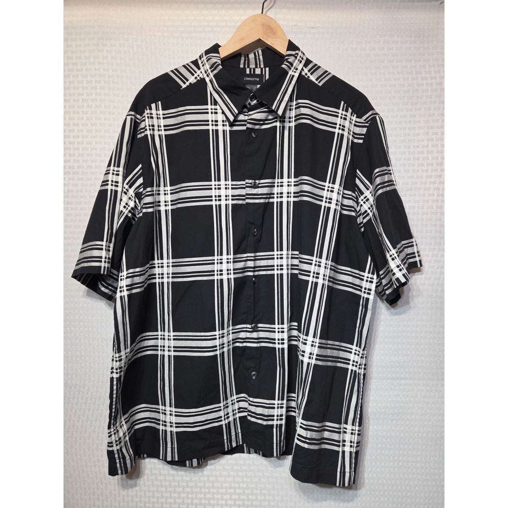 Claiborne Mens XXL Short Sleeve Button Up Black Check Cotton Rayon .............